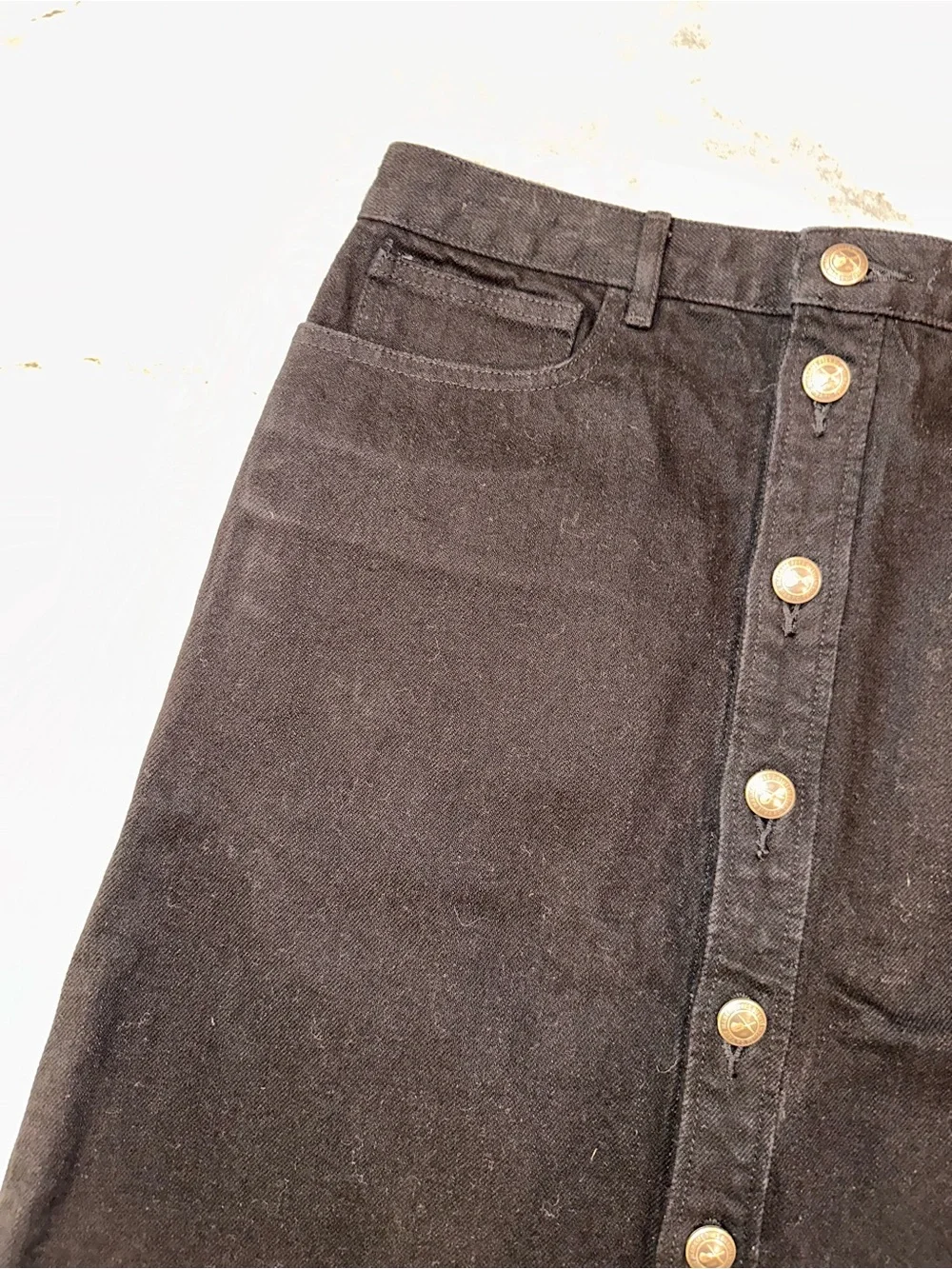 A.P.C. Theresa Size UK 40/US 8 Black Denim Skirt with Antique Brass Buttons